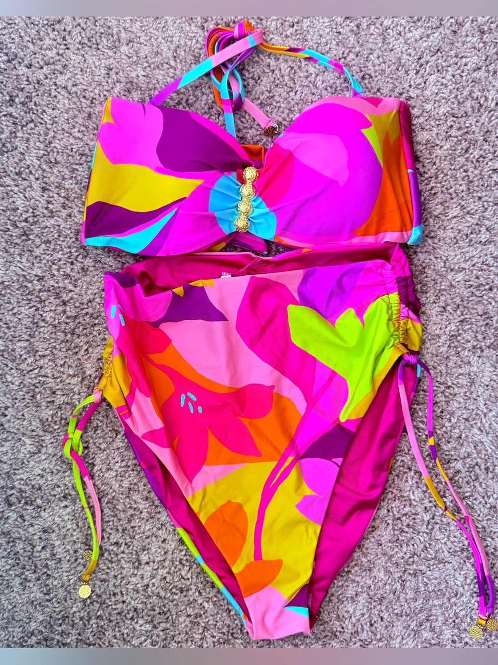 Trina Turk 2 Piece Swimsuit Breeze Twist Swim Bra High-Waist Bikini Bottom 14/12